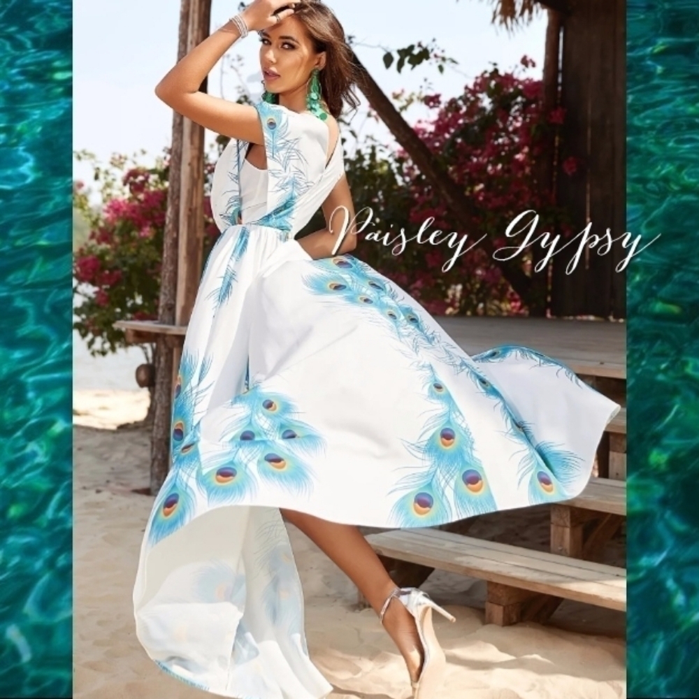 Glamorous Tropical Vibes Summer Beach Maxi Dress with Peacock detail pri…